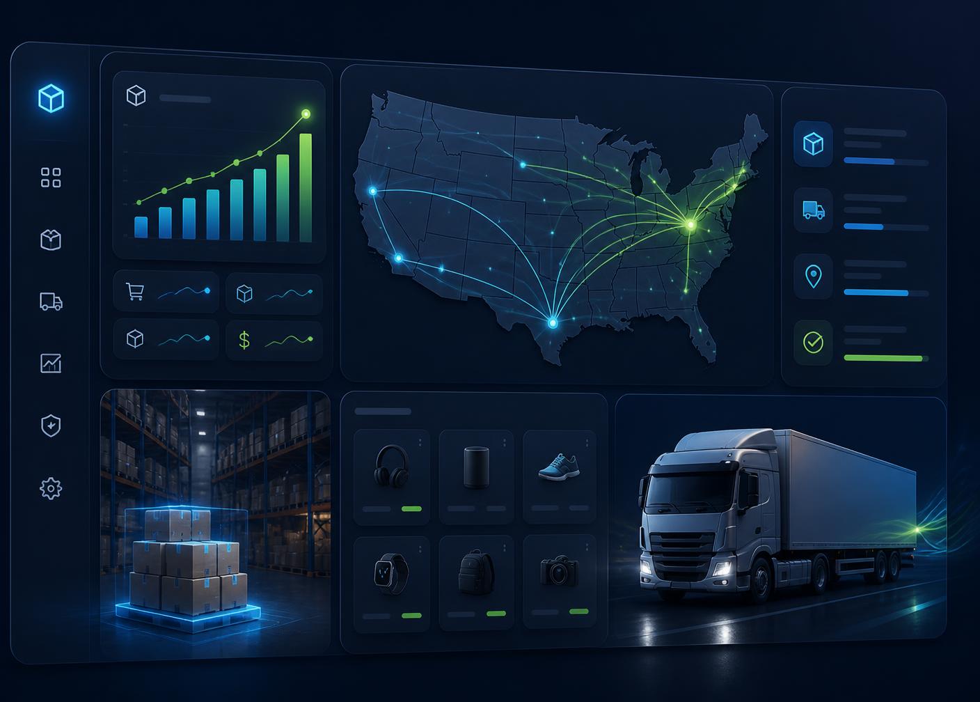 Bappi Outlet warehouse dashboard showing US shipping routes, live order analytics, and same-day fulfillment